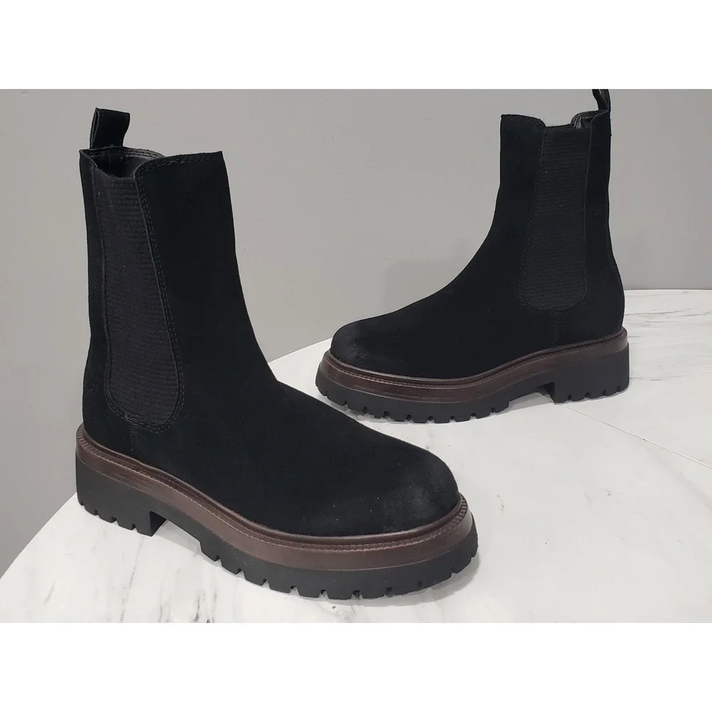 Steve Madden Boots Suede Size 8.5 Black Blitzen Chelsea Ankle Lug Sole Booties